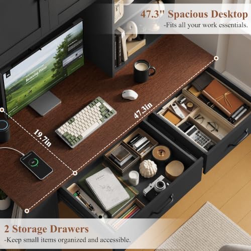 71" Tall Computer Desk with Hutch, LED & Charging Station, Black, view 8