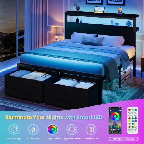 Queen LED Bed Frame, 2 Storage Drawers, Charging Station, Black, view 8