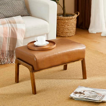 15.5"(H) Footrest Stool, Leatherette Ottoman, Accent Padded Sofa Foot Stool for Accent Chair, Wood Frame Foot Rest Ottoman for Living Room, Bedroom, Yellowish-Brown