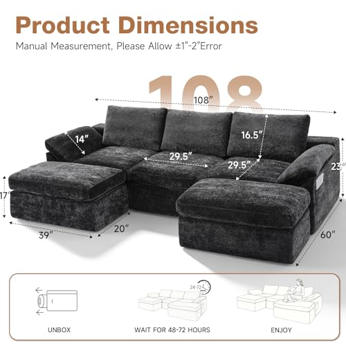 108" Cloud Couch Modular Sectional Sofa for Living Room, U-Shape Boneless Couch with Deep Seat, Modern 5-Seater with Ottoman, for Living Room, Bedroom, Office, No Assembly Required, Gray