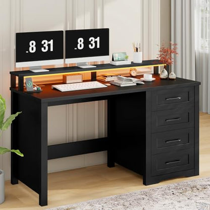47" Farmhouse Executive Desk with 4 Drawers,LED Lights, Pure Black, view 2