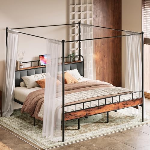 King Canopy Bed Frame, Storage Headboard with Charging Station, view 7