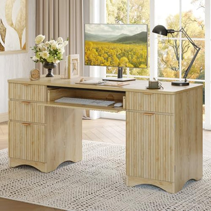 63 Inch Home Office Desk with Drawers, Fluted Executive Desk with Ample File Drawer, Keyboard Tray & Storage Cabinet for Study, Living Room, Bedroom, Natural Oak