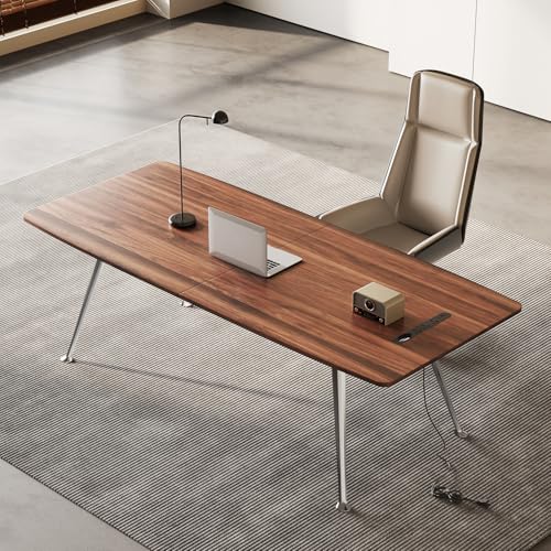 Writing Computer Desk, 60-Inch Large Executive Desk Office Workstation with Chrome-Plated Legs and Built-in Power Outlet, Writing Table Business Furniture, Modern Minimalist Style for Home Office