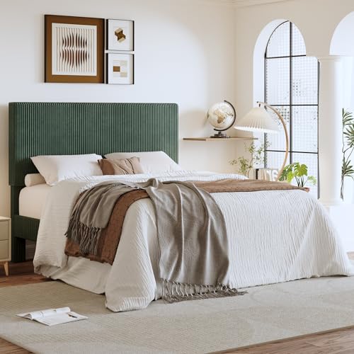 Queen Platform Bed, Adjustable Tufted Corduroy Headboard, Green, view 2