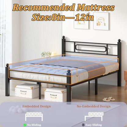 Black Metal Full Size Bed Frames with Headboard, Heavy-Duty Metal Slats Support, view 6