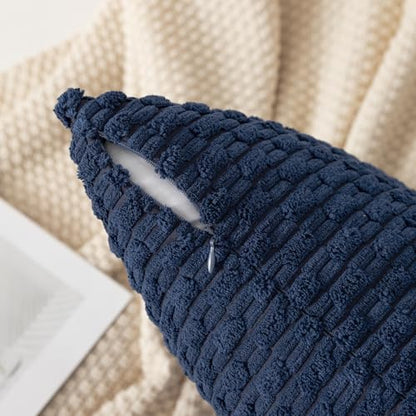 Kevin Textile Throw Pillow Cover Striped Corduroy Plush Texture Velvet Euro Cushion Cover for Bed 24 x 24 inch (60cm) Set of 2 Navy Blue