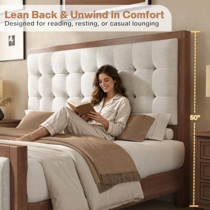 Queen Solid Wood Bed Frame 50" Tall Headboard&Footboard, Walnut, view 4