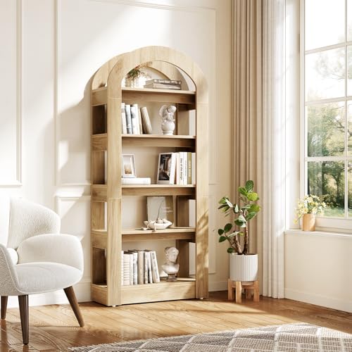 5-Tier Bookshelf, Arch-Shaped Racks, Tall Standing Wooden Bookcase Display Shelf Modern Storage Solution (2, Teak Color)