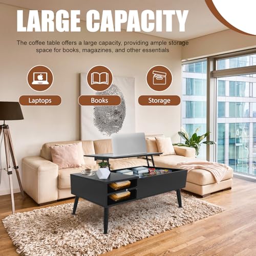 NChanmar Coffee Table for Living Room, Lift Top Coffee Table with Adjustable Storage and Hidden Compartment, Wood Center Table, Living Room Furniture for Home, Office-Black