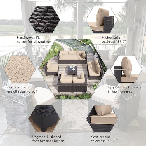 9 Pieces Patio Furniture Set Wicker Patio Conversation Set with 4 Corner Sofas, Outdoor Sectional Furniture w/Coffee Table & Washable Seat Cushions-Sand