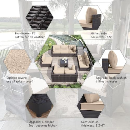 9 Pieces Patio Furniture Set Wicker Patio Conversation Set with 4 Corner Sofas, Outdoor Sectional Furniture w/Coffee Table & Washable Seat Cushions-Sand