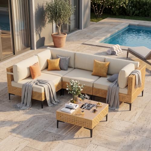 Outdoor Sectional 5 Piece Modular Patio Furniture Set Free Combination Outdoor Couch with Thick Cushion All Weather Wicker Patio Conversation Sets for Backyard, Deck, Poolside