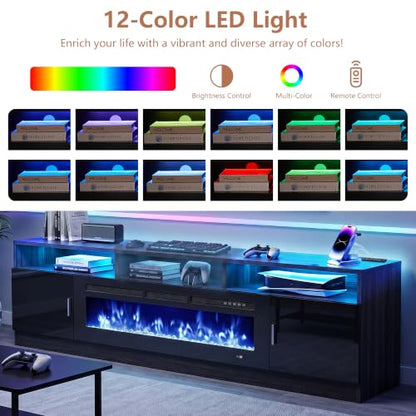 78" Fireplace TV Stand with Power Outlet for TVs UP to 90", Electric Fireplace Entertainment Center with LED Lights & Storage Cabinets, TV Console for Living Room, Office, Black-Black