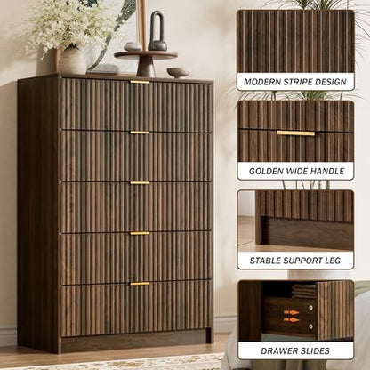 Walnut Dresser for Bedroom, Tall Dresser with 5 Drawers and Smooth Slides, view 4