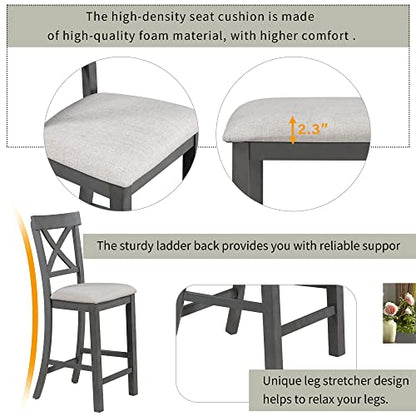 Farmhouse Style 6-Pieces Counter Height Dining Table Set with 4 Upholstered Chair, Storage Shelf and Upholstered Bench, Wood Kitchen Dining Table Set for 6 Person (Gray, Bottom Shelf)