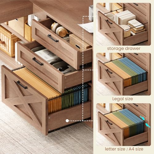 Farmhouse L Shaped Office Desk with Drawers, 61” Computer Desk with Storage Shelves and Power Outlet, Corner Gaming Desk with LED Light and Display Cabinet for Home Office, Light Brown