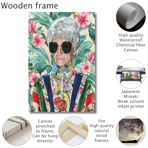 80s Artwork Fashion Golden Wall Art Girls Poster Sophia Petrillo With Sunglasses Poster For Woman Room Decor Estelle Getty Tropical Canvas Prints (L24"xW16"-WoodFrame Ready to Hang) Painting For Girl Dorm Home Decor