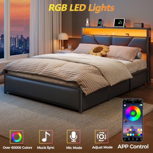 Queen Bed Frame with Storage Headboard, 6 Drawers, LED & Charging, view 4