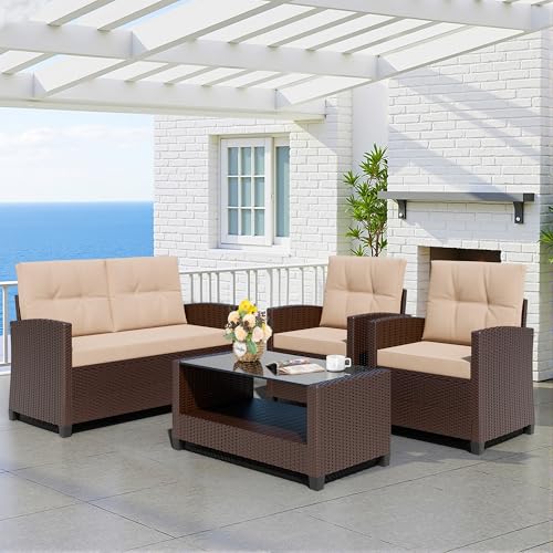 4 Piece Patio Furniture Set, Outdoor Rattan Conversation Set with Coffee Table, Outside Wicker Sectional Sofa Couch with Cushion, Brown and Khaki
