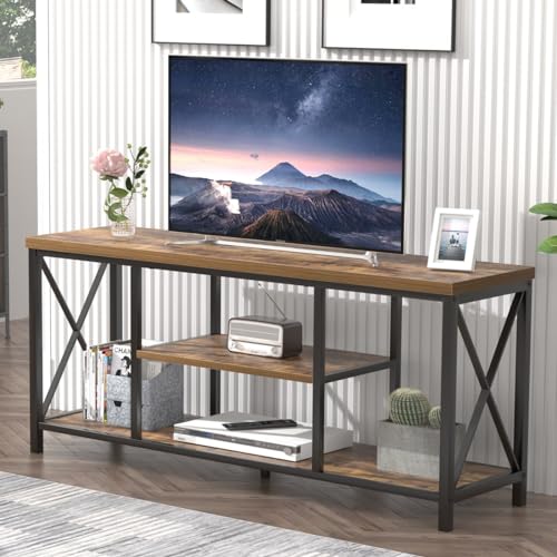 55 Inch TV Stand for Televisions up to 65 Inch, Modern Entertainment Center with Storage Shelves, Industrial Media TV Console for Living Room, Bedroom, Rustic Brown