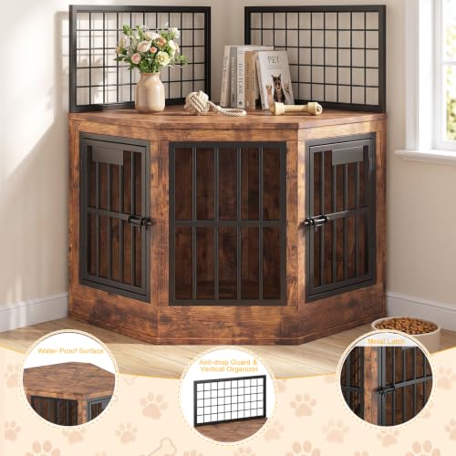 43" Wooden Corner Dog Crate Furniture, Indoor Decorative Dog Kennel, Rustic, view 5
