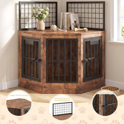 43" Wooden Corner Dog Crate Furniture, Indoor Decorative Dog Kennel, Rustic, view 5