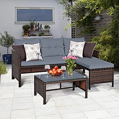 3 Pieces Patio Furniture Set, Sectional Rattan Wicker Sofa Set with Steel Frame & Seat Cushion, Outdoor Conversation Set for Garden Lawn Pool Backyard