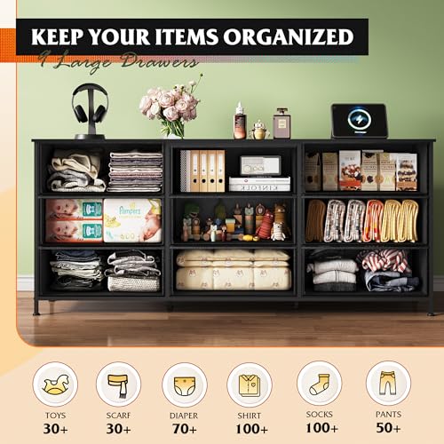 Dresser TV Stand for 75 Inch TV, 9 Drawer Dresser for Bedroom, Black, view 6