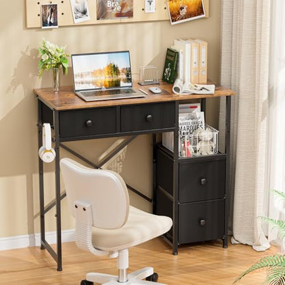 3IngSeagulls Small Computer Desk with 4 Fabric Drawers, Simple Writing Desk for Home Office, Compact Study Desks for Small Spaces, Kids Desk Study for Bedroom, Rustic Brown