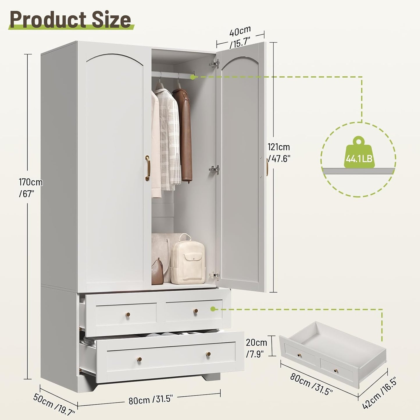 Armoire Wardrobe Closet with 2 Storage Drawers & 2 Door Cabinet, Bedroom Armoires with Full-Length Mirror, White Freestanding Wardrobe Combination with Hanging and Organizing Clothes for Home