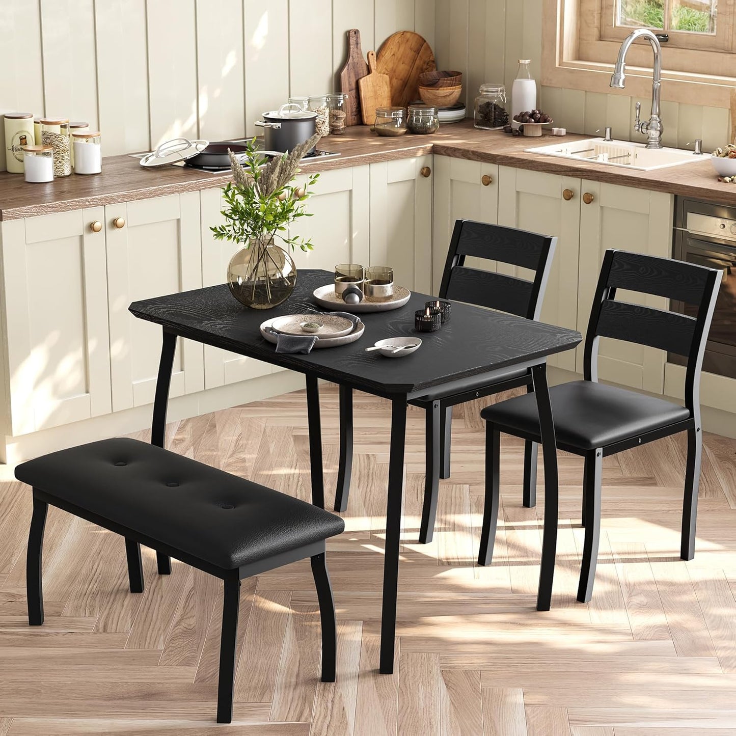 43'' Dining Table Set for 4, Wooden Kitchen Table with Upholstered Bench & 2 Cushion Chairs, Industrial Dinette Set for Studio, Kitchen, Dining Room, Apartment, Black