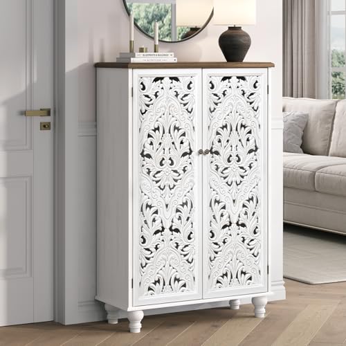 47" Tall Accent Cabinet with Carved Doors & Storage for Living Room | Vertical Storage, Carved Floral Design, Mandala White Buffet, Boho/Farmhouse/Rustic Style, Adjustable Shelves, Easy Assembly