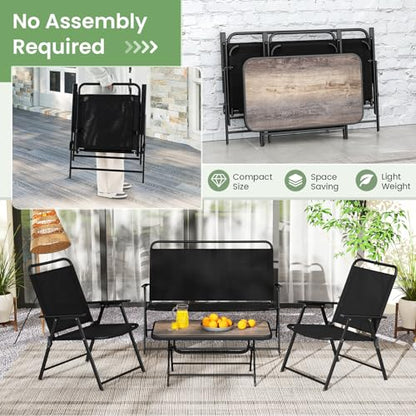 4 Piece Folding Patio Furniture Set, Metal Chair & Table Set with Breathable Fabric Seat, Outdoor Sectional Conversation Set with 2 Patio Chairs, Loveseat, Coffee Table for Yard Porch Deck