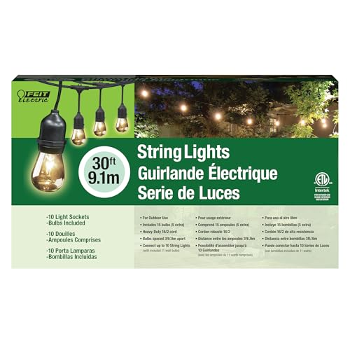 30ft Outdoor Incandescent String Lights, Warm Amber Glow, Heavy-Duty Weatherproof Cord, Includes 10 Clear Bulbs + 5 Spares, End-to-End Connectable for Patios and Gazebos, SL30-10
