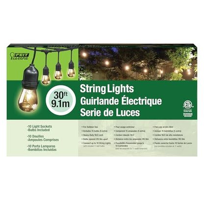 30ft Outdoor Incandescent String Lights, Warm Amber Glow, Heavy-Duty Weatherproof Cord, Includes 10 Clear Bulbs + 5 Spares, End-to-End Connectable for Patios and Gazebos, SL30-10