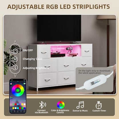 White TV Stand, Dresser for Bedroom for 55 inch TV with Charging Station and LED Lights, Media Console Table with 8 Drawers, Open Shelf, Adjustable Feet,Living Room Furniture