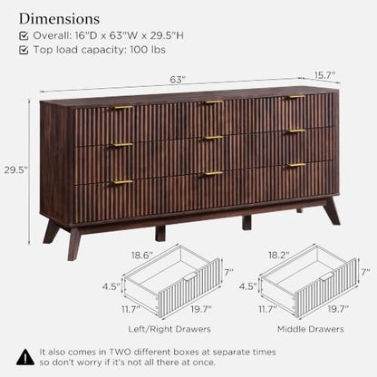 63" Wide Fluted 9 Drawer Dresser for Bedroom, Dark Walnut, view 3