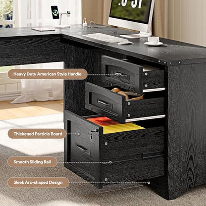 L Shaped Farmhouse Executive Desk with Drawers, 67" Home Office Desks with Fast Charging Station, Lockable File Cabinet, Wood Writing Computer Desk for Work, Study, Black