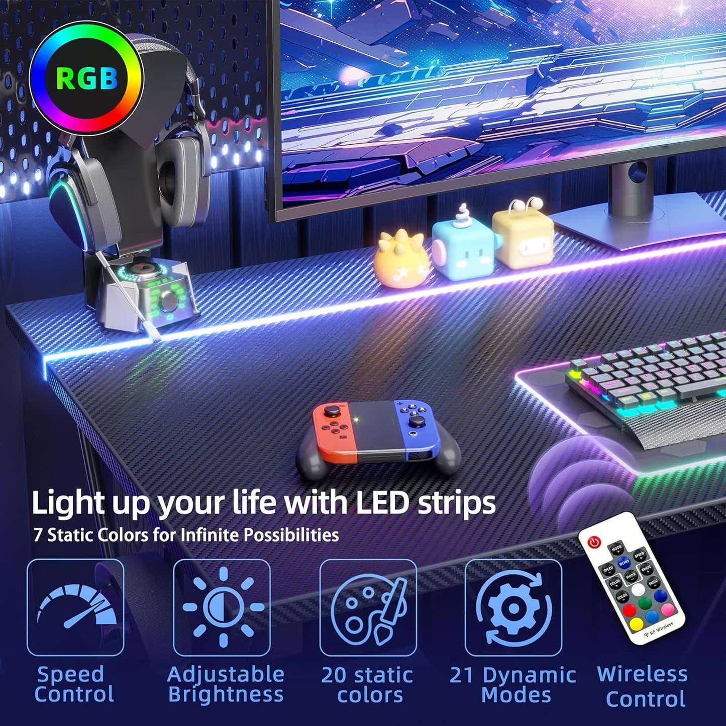 Gaming Desk with Power Outlets & LED 40 Inch Ergonomic Computer Carbon Fiber Surface Gamer Desk, PC Workstation with Headphone Hook for Bedroom, Kids Desk Gift for Boys, Black