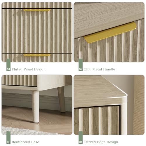 Fluted Dresser and Nightstand Set, 3 Pieces Bedroom Set, 55 Inch Wide 6-Drawer Dresser & 2-Drawer Nightstands Set of 2, Modern Dressers Set for Bedroom, Hallway, Beige