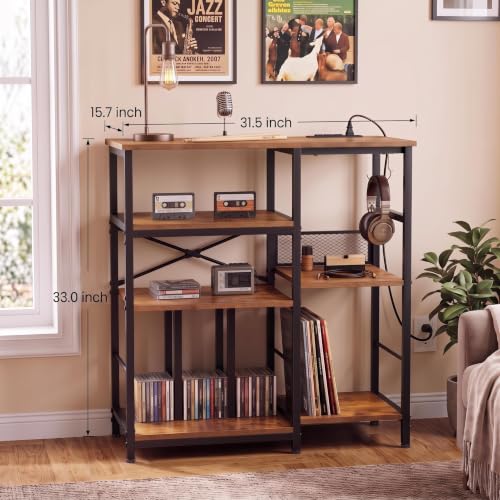 Record Player Stand with 300+ Vinyl Storage Shelves, Rustic Brown, view 3