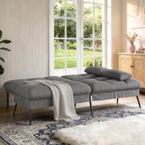 72″Futon Sofa Bed,Modern Convertible Sleeper Sofa, Fabric Futon Couch with Multi-Position Backrest for Living Room Furniture (Grey) | Convertible Fabric futon couch with pillows, upholstered recliner lounge, multi-angle loveseat, living room furniture