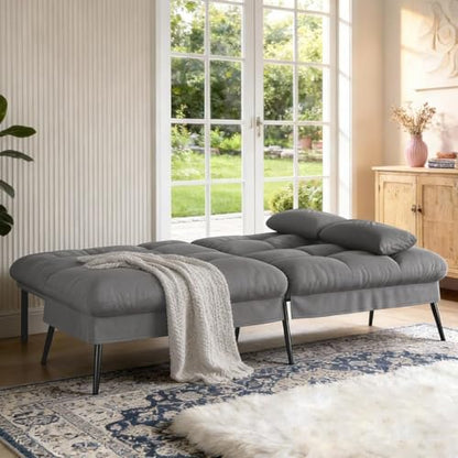 72″Futon Sofa Bed,Modern Convertible Sleeper Sofa, Fabric Futon Couch with Multi-Position Backrest for Living Room Furniture (Grey) | Convertible Fabric futon couch with pillows, upholstered recliner lounge, multi-angle loveseat, living room furniture