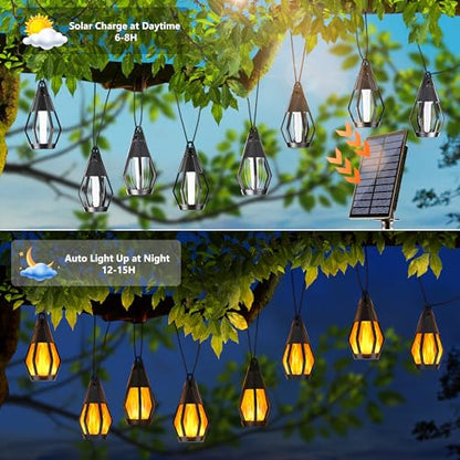 Solar String Lights for Outside, 33Ft Solar Patio Light with 15 Flickering Flame Light Bulbs, Waterproof Warm White Solar Powered Outdoor Lights for Garden Yard Patio Gazebo Bistro Cafe Party Decor