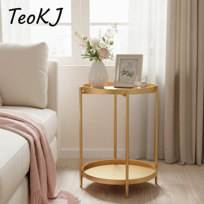 2 Tier Gold Side Table, Folding round Metal End Table Small Nightstand with Two Removable Tray for Bedroom Living Room Small Spaces Bedside Gold