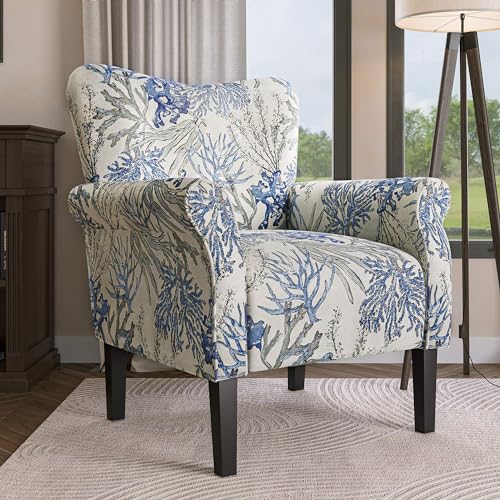 Modern Accent Chair for Living Room, High Back Linen Armchair with Wooden Legs, Upholstered Wingback Side Chair Padded Armrest Single Sofa for Living Room, Bedroom - Allston (Blue Coral)