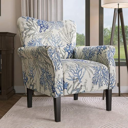 Modern Accent Chair for Living Room, High Back Linen Armchair with Wooden Legs, Upholstered Wingback Side Chair Padded Armrest Single Sofa for Living Room, Bedroom - Allston (Blue Coral)