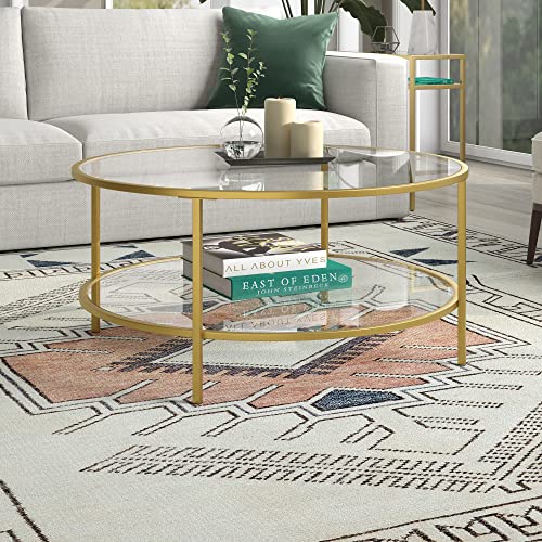 36" Wide Round Coffee Table with Glass Top in Brass, Round Coffee Table for living room, studio apartment essentials