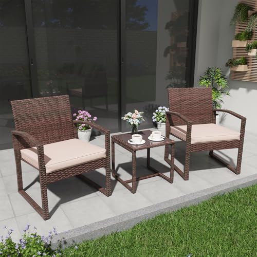 3 Pieces Outdoor Patio Furniture Set, Outdoor Wicker Conversation Set, Patio Rattan Chair Set, Modern Bistro Set with Coffee Table, Garden Balcony Backyard Poolside (Brown)